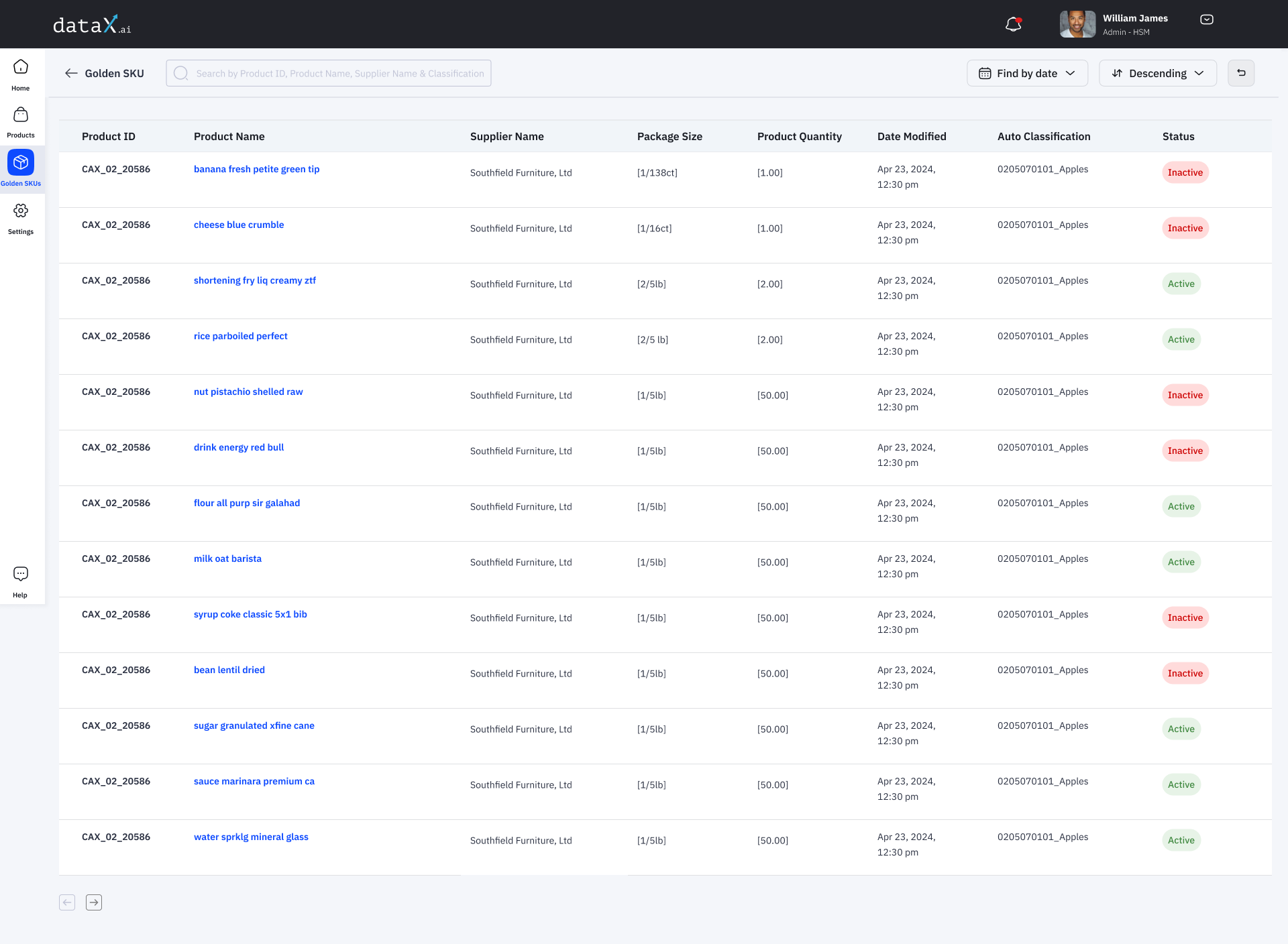 Golden SKU Product Data Table